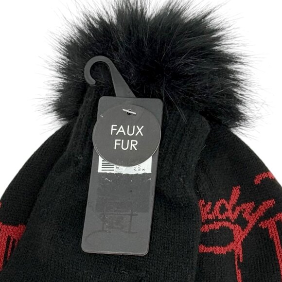 Ed Hardy Women's Black Beanie & Gloves Set With Faux Fur Pom Red Logo NWT - Picture 4 of 8